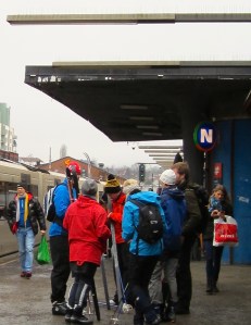A group of teenagers prepare to board the train to Sognsvann, where ski school awaits.
