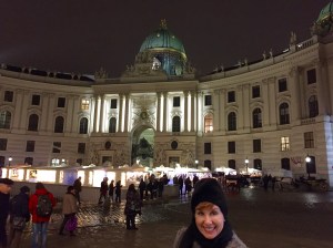 Stalls selling hot wine and goodies site in front of the entrance to the immense Hofburg Palace complex.