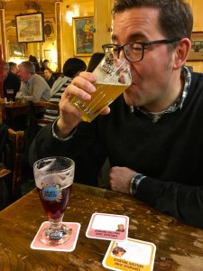 Matthew enjoys a lambic after passing me the kriek, which he claimed tasted too much like Robitussin cough syrup.