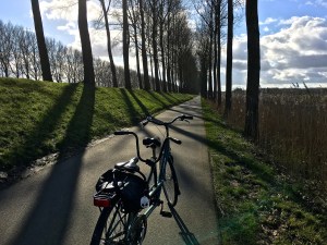 Behold, our tandem awaits by the canal that leads to Damme. By the way, in Belgian French, a bike is called a "fiets."