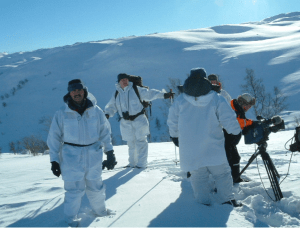 A shot from the BBC production "The Real Heroes of Telemark" shows harsh conditions on the Hardanger plateau and reenacts the survival skills practiced by the Norwegian commandos.
