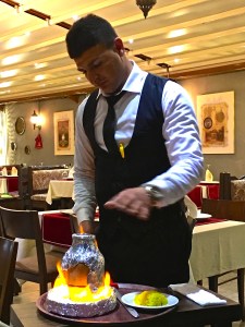 Note the knife that Denis, our fantastic server at Bella Mira Cafe and Restaurant, used to crack open the clay pot. 