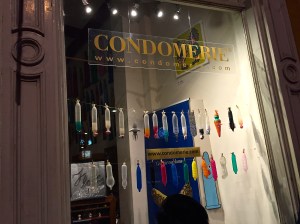 A variety of colored condoms decorates one of the more tame windows to be found in Amsterdam's Red Light District sex shops.