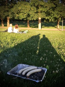 Surprisingly, we even founds space for our long shadows in the often crowded park. The low-hanging sun doesn't disappear until around 11:00 p.m. this time of year.