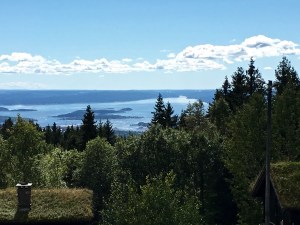 From Frognerseteren's front porch, you can see adorable sod-roofed cabins and the fjord spread out below. 
