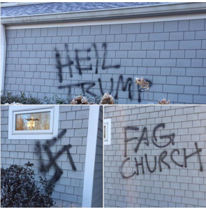 The Chicagoist reported on more than 200 recent hate crimes spurred by Trump's win, including this graffiti sprayed on the walls of an Episcopal church. 