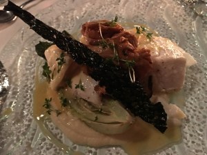 The "Dyna" main course consisted of halibut with roasted fennel, foraged chanterelle mushrooms, puréed parsnips, and herbs. Unbelievably good!